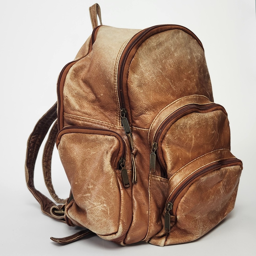 Vintage Cortez Distressed Tan Leather Backpack Aged Patina Colombian Rucksack